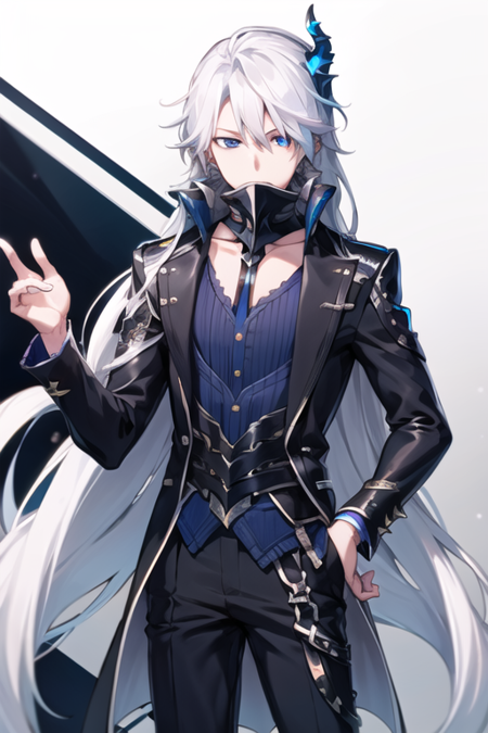 <lora:CielElsword-09:0.7>, ciel, solo, blue eyes, white hair, mask, very long hair, horns