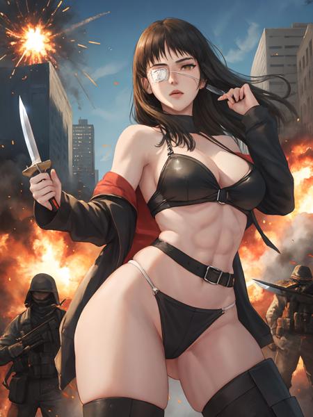 1girl,velmet,big breasts,muscualr female,holding knife,city,explosion, battlefield, masterpiece, best quality,eyepatch<lora:valmet:0.9>