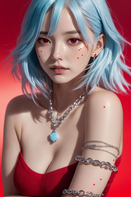 [pureface,sexy,Bare shoulder], 1 girl, adult woman, freckles,mole, ruby eyes, light blue hair hair, thighhighs,simple background,(electric red gradient background:1.1), (masterpiece,best quality:1.6),Horror, Sony a7S III Mirrorless Camera ,Highres, bracelets ,Chain,jewelry