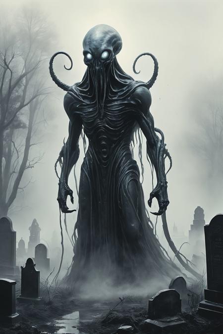 ink wash painting of gigantic eldritch-alien in a graveyard, heavy fog . monochromatic, loose, fluid, expressive, delicate,colorful