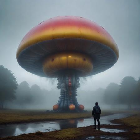 sfw, shnywrld, art style,  ,masterpiece,(best quality),extremely detailed ,   scifi, cyberpunk, steampunk, inflatable, zipper, mushroom, dramatic scene, in an open space, liminal,colourful fog, mist,colourful smoke, , shnywrld<lora:challenge\shinyworld_2dim.safetensors:0.75:0.75>