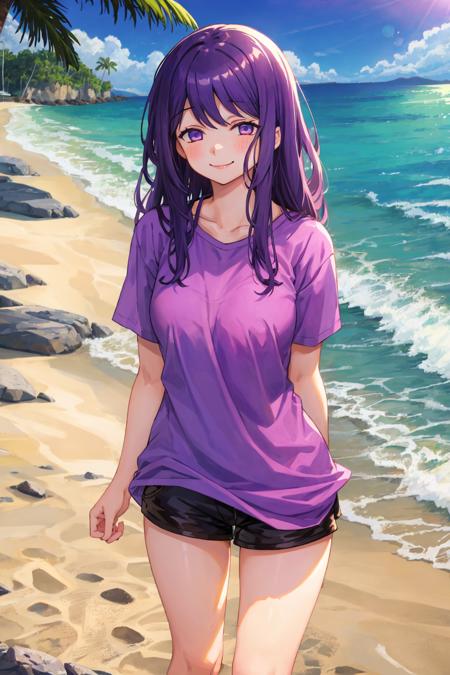 1girl, kubonagisa, purple eyes, purple hair, long hair, bangs, shirt, short shorts, smile, standing, beach  <lora:kubo:1>