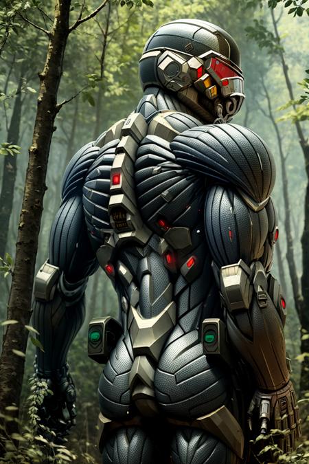 4K, Masterpiece, highres, absurdres,
wearing crNanosuit, solo, 1boy, upper body, male focus, from behind, armor, blurry, tree, helmet, robot, nature, forest, science fiction, power armor
 <lora:crNanosuit:1>