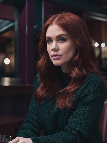 (closeup:1.2!), maitward, photo of an extremely sexy redhead woman with a glass of wine, (wearing a knitted_sweater and jeans!), (in a tavern!), HDR, soft shadows, warm_tone, shallow depth of field, full detail, detailed face, Photorealistic, Hyperrealistic, Hyperdetailed, award winning scene, emotional scene, film still, matte, DSLR, 8K, dark theme, <lora:epiNoiseoffset_v2:0.8>, <lora:LowRA:0.6>,  <lora:add_detail:0.6>