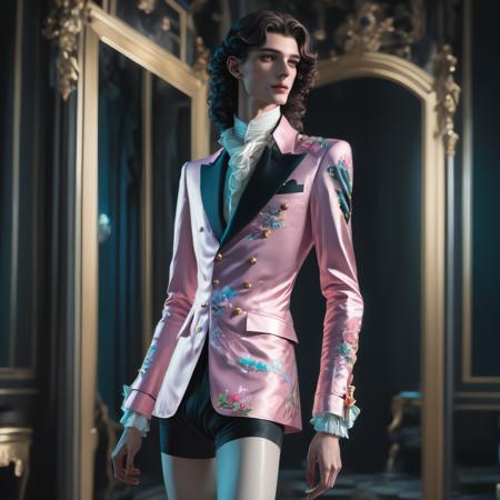 twink, panties, fashion, skinny, (full body:1.4), male focus, realistic, masterpiece, extremely intricate, night, sci-fi, colorfull,pink theme, Louis XIV, elegant, beautiful and aesthetic, data corruption, dynamic pose, full body shot