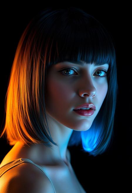 a holographic woman, shoulder length hair, short straight bangs, extremely beautiful, face focus, head and shoulders only, simple black background, glowing blue