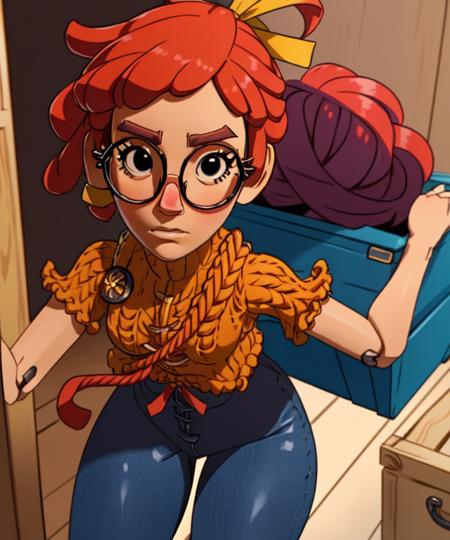 May, red hair,  shaggy hair,   black eyes, glasses, wooden body,  tight pants,   solo focus, 
ClYarn, black shirt,  red pants with stiches, red hair ribbon, short sleeves,  
in a gaint toy box,  
(insanely detailed, beautiful detailed face, masterpiece, best quality),  <lora:May-10:0.8>