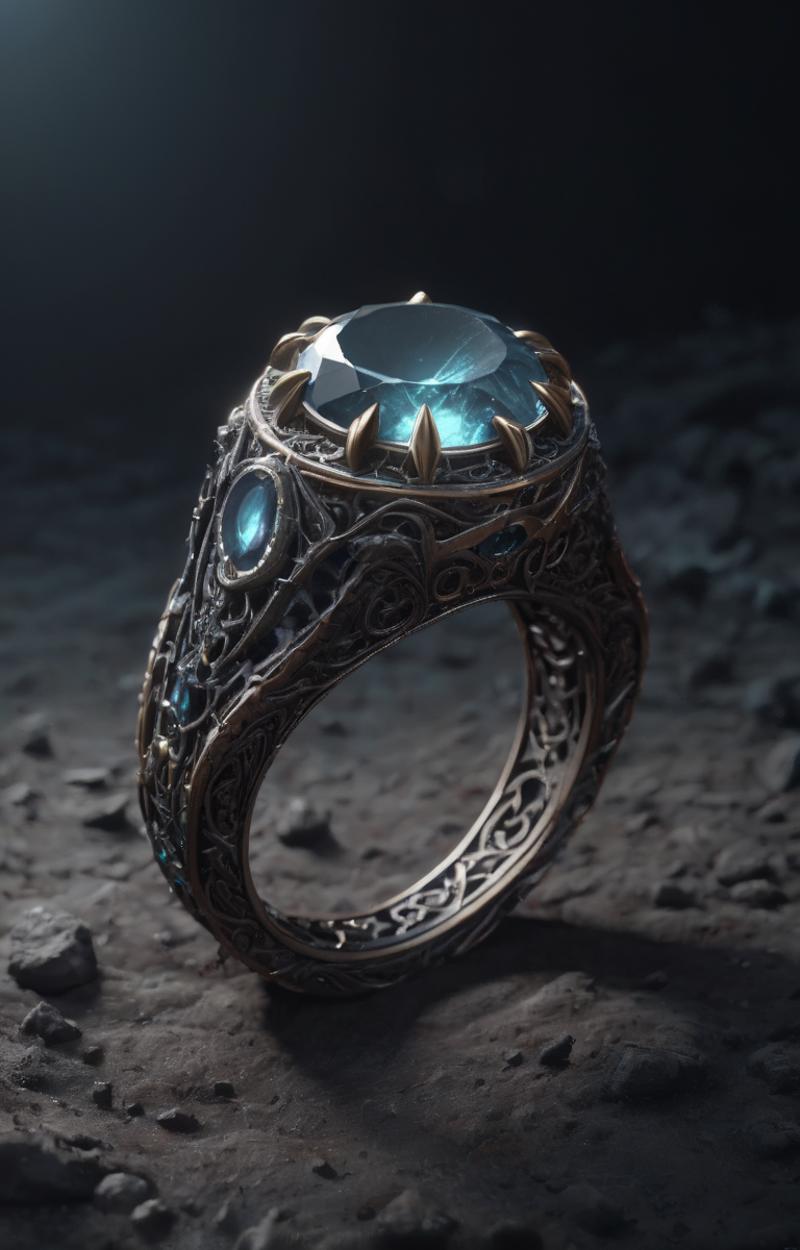 A Ring with a Blue Gemstone and Gold Accents on a Rocky Surface.