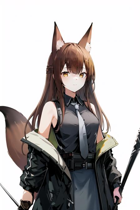 (high quality, high resolution:1.3), 4k, masterpiece, 
BREAK
1girl,  <lora:Franka:0.85>, Franka, 1girl, animal ears, upper body, fox ears, brown hair, tail, yellow eyes, necktie, shirt, sleeveless shirt, grey necktie, off shoulder, jacket, smile, standing, id card, rapier, holding repier, sword, simple background, white background, <lora:NoiseOffset_v2:1.0><lora:NoiseOffset_v2:1.0><lora:NoiseOffset_v2:1.0>