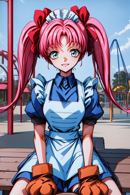 1girl, (amusement park:1.4), cowboy shot, sitting, smile, 
vg_manami, green eyes, pink hair, long hair, twintails, hair ribbon, red ribbon, maid headdress, animal hands, paw gloves, gloves, white apron, blue maid, short sleeves, skirt, <lora:VG_manami_lora_ver1:0.8>, best quality, masterpiece, highres, <lora:GoodHands-vanilla:1>