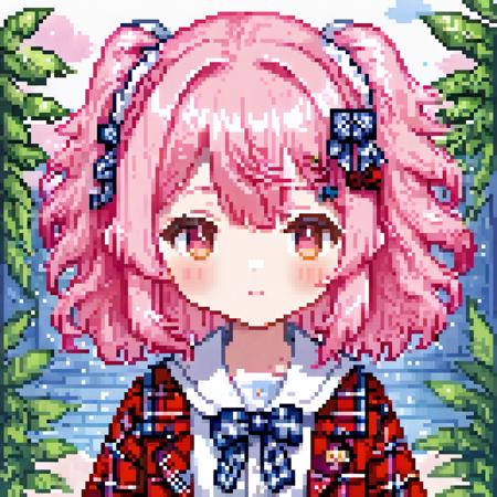 <lora:pixel_stormXL:1>,pixel art,
1girl, solo, pink hair, chibi, brown footwear, virtual youtuber, full body, hair ornament, jacket, skirt, pink eyes, bangs, transparent background, bow, standing, looking at viewer, socks, long sleeves, grey jacket, blush, white background, sailor collar, school uniform, simple background, shirt, medium hair, open clothes, white shirt, blue bow, closed mouth, plaid, shoes, pixel art