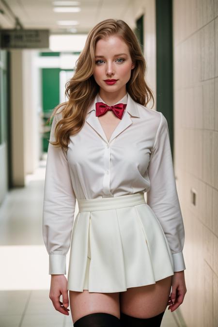 photo of a woman, racheln-2652:0.99, ((pale skin)), ((blonde hair):1.2), ((bowtie, skirt, thighhighs, white shirt):1.2),((cowboy shot, waist, hips, thighs):1.2),((school, hallway, walking):1.3),((red lipstick, eyeliner, eye shadow, blush):1.2), ((best quality, masterpiece, extreme details, high resolution):1.2),((detailed eyes, beautiful eyes, detailed face, beautiful face):1.2), photo of the most beautiful artwork in the world, professional majestic (photography by Steve McCurry), 8k uhd, dslr, soft lighting, high quality, film grain, Fujifilm XT3 sharp focus, f 5.6, High Detail, Sharp focus, dramatic