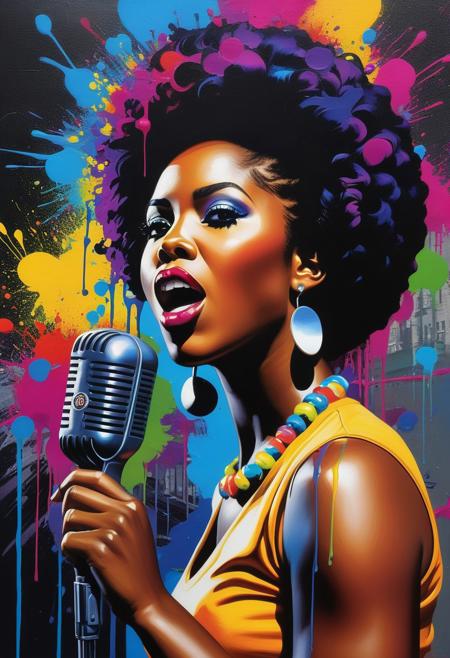 impressionist, detailed, masterpiece, dynamic, powerful, breathtaking, Kerry Maxwell, Ebony Woman with Microphone, Singer, Motwn, 1965, graffiti art, splash art, street art, spray paint, oil gouache melting, acrylic, high contrast, colorful polychromatic, ultra detailed, ultra quality, CGSociety, CD Cover Photo