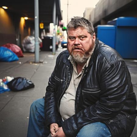 <lora:bitboy-000009:1>photograph of overweight filthy haggard homeless bitboy man with a sad look on his face and a long scraggly beard, wearing tattered torn filthy trenchcoat sitting on the ground on skid row. he is surrounded by trash and smoking a crackpipe. nighttime