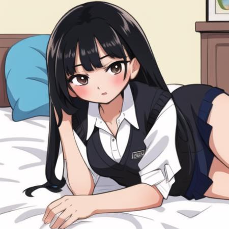 masterpiece, best quality, high quality, <lora:yamada-v2-06:1>, sw3ater, 1girl, sweater vest, black hair, bed, lying, blushing