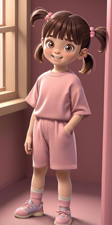 <lora:Boo_-_Monsters_Inc.:1> small hair, (brown hair:1.2), two pigtails held by pink hair ties, large round brown eyes, short bangs, wide-eyed expression, pink large-sleeved t-shirt, rest room, indoors, detailed eyes, looking at the viewer, hand on hip, teeth, light grey shoes, window, (brown eyes:1.2)