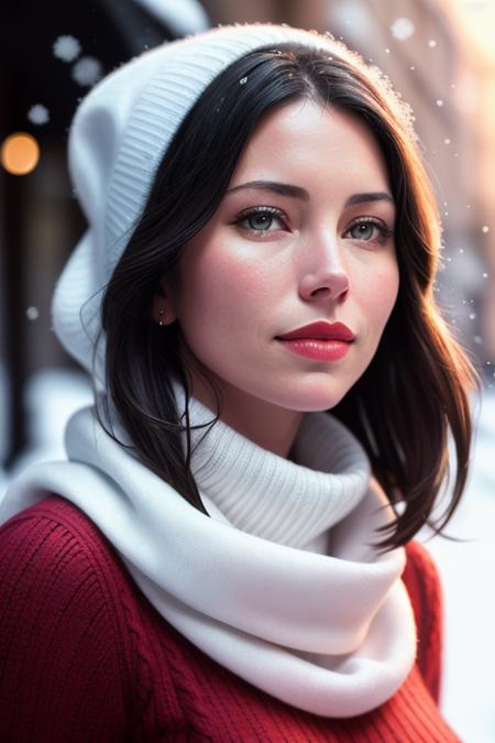 photo of a woman, jessicabiel-2328:0.99, ((pale skin)), ((short hair, black hair):1.1), ((turtleneck sweater, scarf):1.2), ((closeup, portrait):1.2),((outdoors, city, snow):1.2),((red lipstick, eyeliner, eye shadow, blush):1.2), ((best quality, masterpiece, extreme details, high resolution):1.2),((detailed eyes, beautiful eyes, detailed face, beautiful face):1.2), photo of the most beautiful artwork in the world, professional majestic (photography by Steve McCurry), 8k uhd, dslr, soft lighting, high quality, film grain, Fujifilm XT3 sharp focus, f 5.6, High Detail, Sharp focus, dramatic