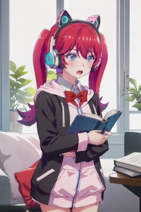 best quality, masterpiece, highres, solo, {irving_amelia_renaiflops:1.15}, red_hair, long_hair, twintails, blue_eyes, bangs, headphones, fake_animal_ears, animal_ear_headphones, animal_ears, cat_ear_headphones, hoodie, bow, bowtie, open_mouth, red_bow, red_bowtie, 1girl, book, holding, holding_book