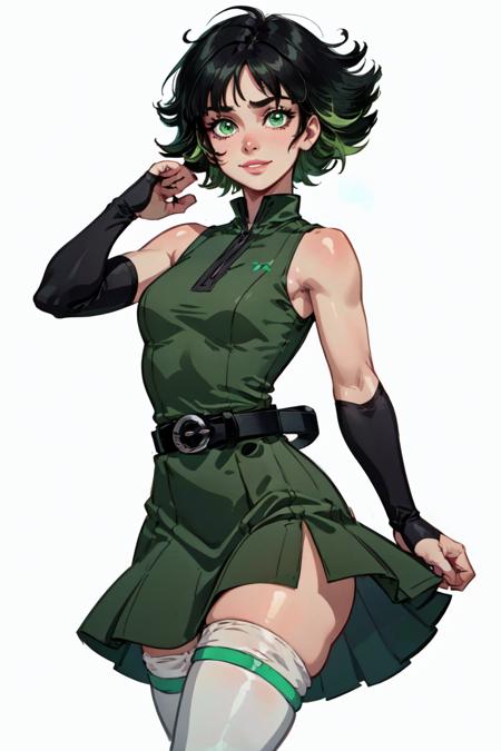 (buttercup) (black hair, green eyes, short hair, messy hair) (dress, light-green sleeveless dress, simple black belt, white thighhighs)