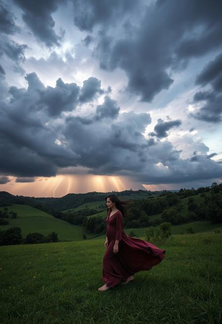 Una escena impresionante de una tormenta majestuosa donde múltiples arcoíris bien definidos se entrelazan entre las nubes oscuras y relámpagos iluminan el cielo con destellos místicos., detallados los arco irirs. La lluvia cae suavemente, reflejando los colores vibrantes del arco iris en cada gota. En el primer plano, una mujer elegante camina con gracia a través de un extenso valle verde, con el viento ondeando su vestido largo y fluido de seda. Su postura es imponente y llena de confianza, con una mirada serena y penetrante. Su cabello oscuro y ondulado flota con la brisa, capturando la esencia del momento. Cada detalle es nítido y bien definido, desde la textura del vestido hasta la suavidad de su piel. La iluminación cinematográfica realza los contrastes entre la tormenta y los colores vivos, aportando una profundidad asombrosa a la imagen. Capturado con una estética fotográfica en 4K ultra-realista, con una composición perfecta donde la mujer y la tormenta de arcoíris crean una armonía visual espectacular.