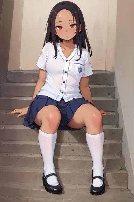 1girl (cp2 uniform:1.1) ((tan skin)) [short sleeves white shirt, (school emblem:1.2), breast pocket, collarbone::4] (blue pleated skirt:1.05) (kneehighs white socks:1.1) (mary janes:1.15)
(full body:1.1) solo, (sitting on stairs:1.15), (forehead:1.1) [long hair::6] medium breasts, black hair, brown eyes,
BREAK (masterpiece, best quality:1.2),, button-up [dark skin:3]
<lora:cp2Y16:1>
<lora:NeisanStyle:0.4>
<lora:camonome_e8:0.3>
<lora:kase_daiki_v0.1:0.2>