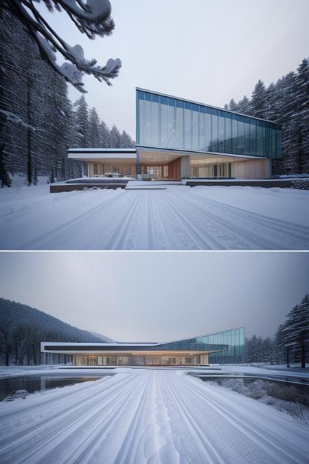 aichang,snow scenery,modern architecture,glass,aluminium plate,snowing,warm light,in winter,best quality,masterpiece,high quality,real,realistic,super detailed,full detail,8K,<lora:aichangéªæ¯å»ºç­:1>,