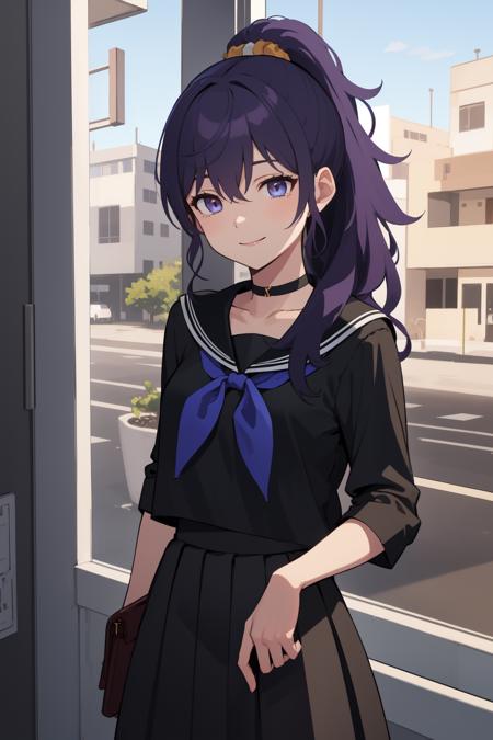 masterpiece, best quality, highres, amsekai, purple eyes, blue eyes, high ponytail, hair scrunchie, serafuku, black sailor collar, choker, blue neckerchief, black shirt, black skirt, long skirt, smile, (closed mouth:1.1)<lora:AsahinaMafuyu-09:0.9>