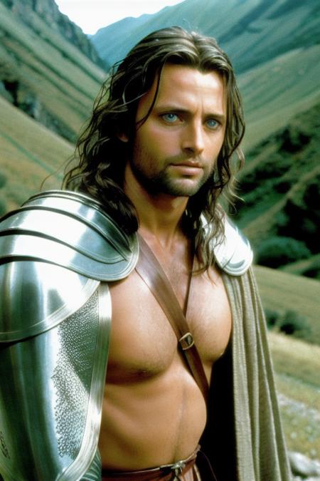 photo of the Caucasian warrior Aragorn from Lord of the Rings, film grain