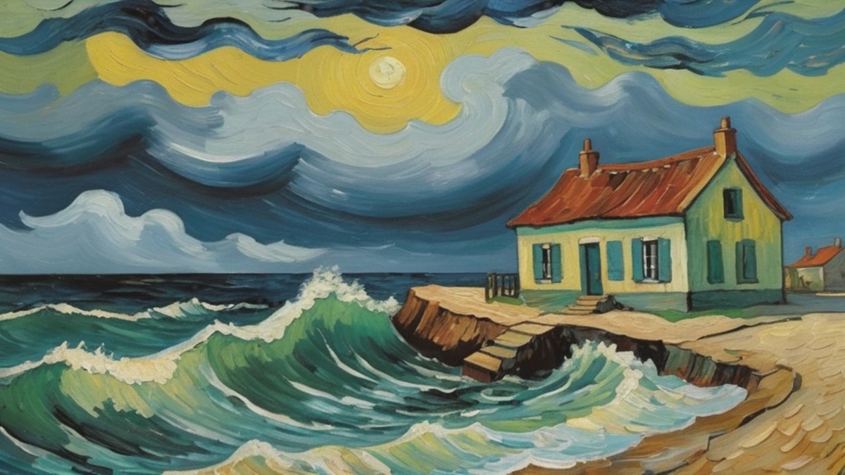 a beautiful painting of a house by the wavy sea, ominous atmosphere, impressionist painting, art by van gogh