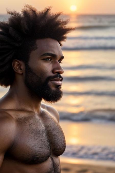 A close-up photo of a handsome hairy fit black man, on the beach, looking the viewer, sunrise, afro hair