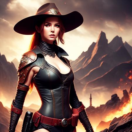 an attractive woman [gunslinger:bounty hunter:0.4] standing in a fantasy wilderness (bitrealms style:1) <lora:djzBitRealms_LB2:0.8>