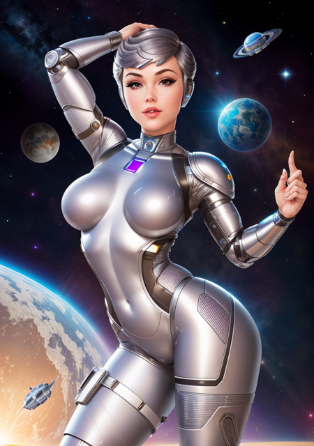 SteelHeartQuiron character silver metallic  short hair metallic futuristic bodysuit science fiction retro artstyle