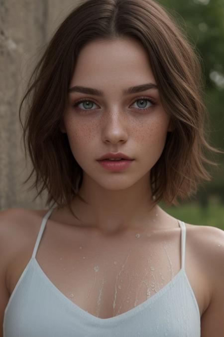 epiCRealism, an outdoor  professional photography of an irish girl with blunt medium length haircut and wet reddish hair, waist up cowboy shot, loose light blue silk camisole with thin straps, light gray eyes, plump glossy wet healthy lips, mouth parted sexily, thin eyebrows, small nose with freckles, petite, slender, fit, perky small breasts, high wind ,vibrant colors, insanely detailed, hyper detailed,  cinematic lighting, high quality, realistic textured skin and skin details,  detailed pupils, cute, highly detailed, RAW photo,  skin pores, skin fuzz,  subsurface scattering, she is provocative and alluring