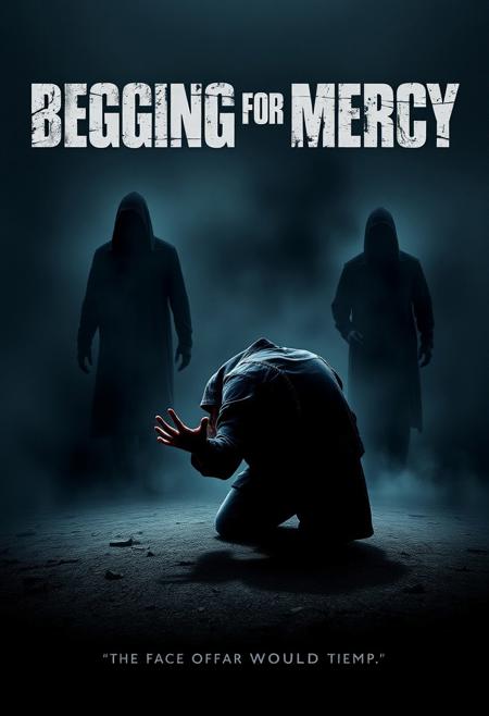 “Movie poster for a suspense thriller titled ‘Begging for Mercy.’ In the foreground, a distressed person is kneeling on the ground with hands reaching out, conveying desperation and fear. The background features shadowy, menacing figures partially obscured in mist, creating an eerie atmosphere. Dark, muted colors dominate the scene—deep blues, grays, with slight red accents to add intensity. The title ‘Begging for Mercy’ appears at the top in bold, gritty font, with a tagline underneath that reads, ‘In the face of fear, how far would you go?’ The overall mood is tense and haunting, emphasizing themes of danger and suspense.”