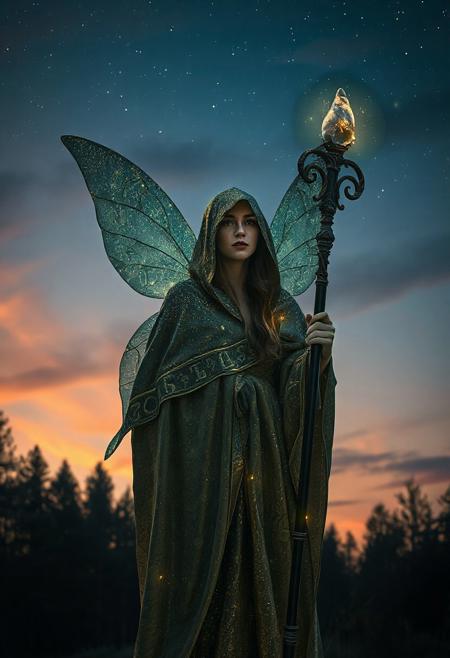 A mystical fairystands alone beneath a twilight sky, cloaked in a robe that shimmers with stardust. Her eyes glow faintly like distant galaxies, and a serene, knowing smile plays on her lips. Ancient runes faintly pulse along his staff, and the wind seems to whisper secrets around him. The forest behind her is alive with quiet magic, and the air shimmers with otherworldly energy.