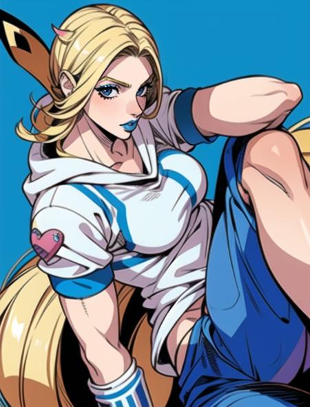 <lora:add_detail:0.54>Johnny Joestar, araki hirohiko (style), beautiful face, girl, amazing anatomy, masterpiece, best quality, 1girl, gender swap,  solo, johnnyjojo, blonde hair,  blue lipstick, official artstyle, manga, hoodie, sleeves, hood, standing, pants,  large breasts,  western background, <lora:johnnyanyver:0.96>