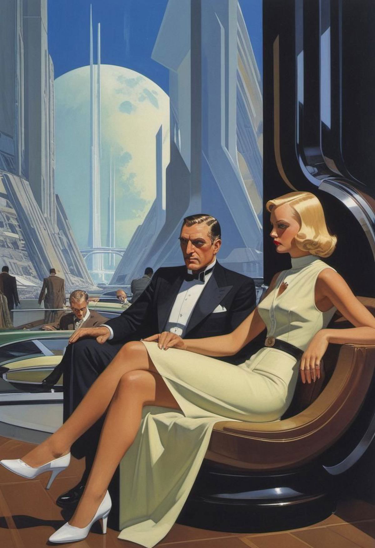 A Painting of a Man and Woman Sitting on a Couch in a Futuristic Cityscape