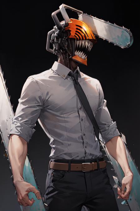 (masterpiece, best quality:1.2), <lora:csm_denji-10:1>, cowboy shot, solo, male focus, 1boy, chainsaw man, chainsaw, sharp teeth, open mouth, tongue, collared shirt, black necktie, sleeves rolled up, black pants, belt