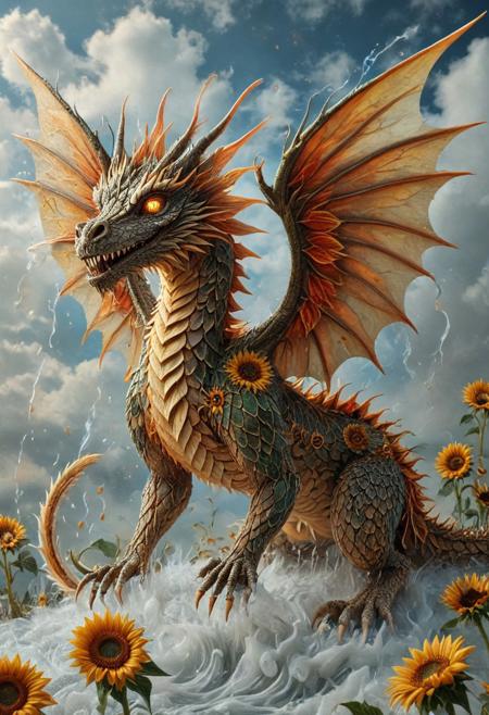 celestial marble dragon Made of Sunflowers, flying through liquid sky, clouds melting into ribbons of color, fluid scales shimmering with white and red hues, glowing eyes, dynamic wings of flowing liquid, painterly lighting, vast fantasy environment, surreal atmosphere, highly detailed, magical realism, Made of Sunflowers