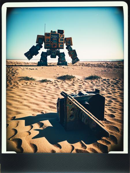 (polaroid), full frame, (ancient giant robot wreckage), half destroyed, half buried in sand dunes, shallow depth of field, ((bokeh)), film grain, ultra realistic, cinematic lighting, magic neon