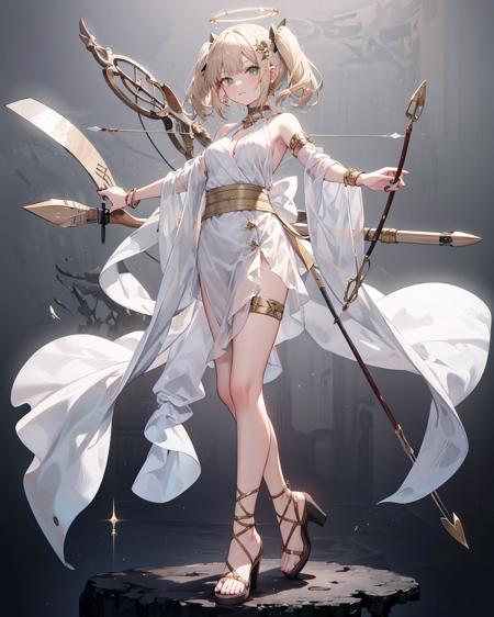 <lora:GreekClothes:1>,
greek clothes, peplos, 1girl, solo, weapon, long hair, bow \(weapon\), holding, holding bow \(weapon\), halo, arrow \(projectile\), holding weapon, gladiator sandals, blonde hair, jewelry, sandals, star \(symbol\), breasts, bracelet, nail polish, green eyes, toeless footwear, high heels, bangs, full body, outstretched arm, armpits, medium breasts, quiver, two side up, armlet, drawing bow, holding arrow, toenail polish