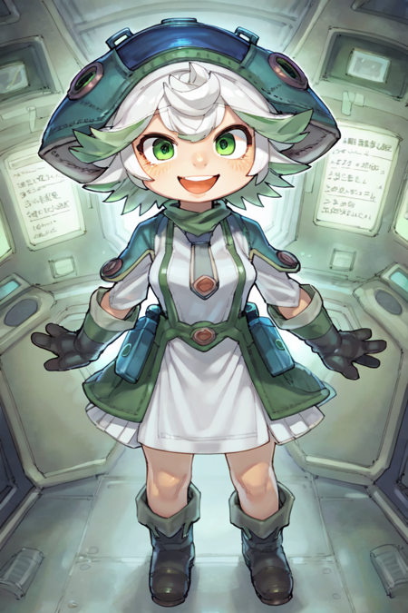 (by kame 3:0.7), (by hideki kaneda, by dimwitdog:0.4), indoors, science lab, underground, standing
prushka \(made in abyss\), human female, white hair, green eyes, clothing, gloves, boots, hat, looking at viewer, smile, open mouth
<lora:char-prushka-fr:1>