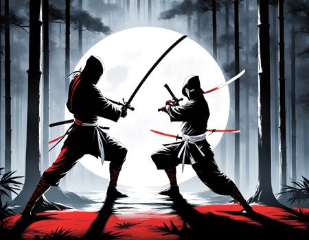 paintedcomic, two ninja dueling, katanas, sword-duel, bamboo forest at night, lit by stylized full moon, both warriors cut and bleeding, epic composition