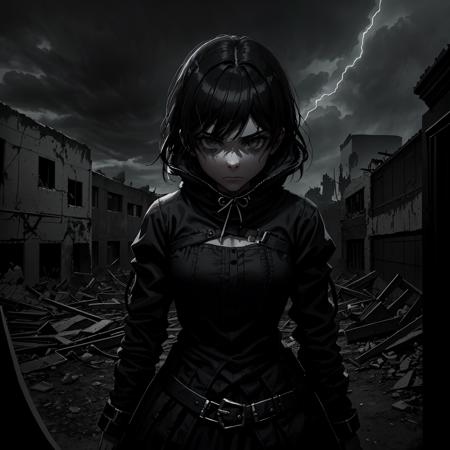 In a dark and moody gothic setting, a young girl clad in black stands ready for battle amidst crumbling ruins. The air is thick with tension as she faces down a sinister figure lurking in the shadows. The atmosphere is heavy with fear and anticipation, with flashes of lightning illuminating the scene momentarily before plunging back into darkness. The girl brandishes a weapon, her determination evident in her stance as she prepares to defend herself against the unknown danger. dread and suspense