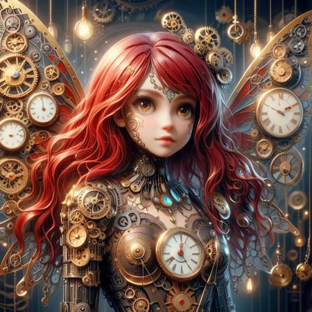 Cinematic lighting, soft shadows, intricate textures, 8K ultra-realistic, masterpiece, perfect composition, A fairy of time, with clockwork parts and pieces making up her steampunk outfit, with a beautiful red and brass, .rating_safe, masterpiece, ultra quality
lazypos,