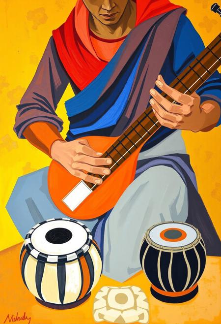 This vibrant painting captures a musician deeply engaged with their instrument, likely a sitar or similar stringed instrument, given its long neck and gourd-like base. The artist employs a bold, almost Cubist style, with distinct blocks of color defining the form of the figure and the instrument. Shades of deep blue and reddish-brown dominate the upper body, suggesting draped fabric, while a lighter grey forms the lower attire. The instrument itself is rendered in warm oranges and browns, creating a striking contrast against the darker clothing. The hands are delicately portrayed in light grey, positioned precisely on the instrument's fretboard and strings, conveying a sense of focused artistry. In the foreground, two percussion instruments, possibly tabla drums, are depicted in white and dark blue, indicating a potential musical ensemble. The background is a mix of earthy yellows and greens, adding to the rich, warm palette of the artwork. The overall impression is one of rhythmic harmony and cultural richness, expressed through abstract forms and vivid colors. Fine hands