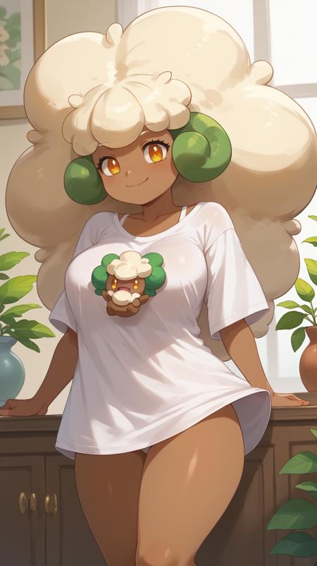 Whimsicott, pokemon, creature, girl, 1girl, lots of hair, excessive hair, white hair, tanned, ram horns, green horns, 