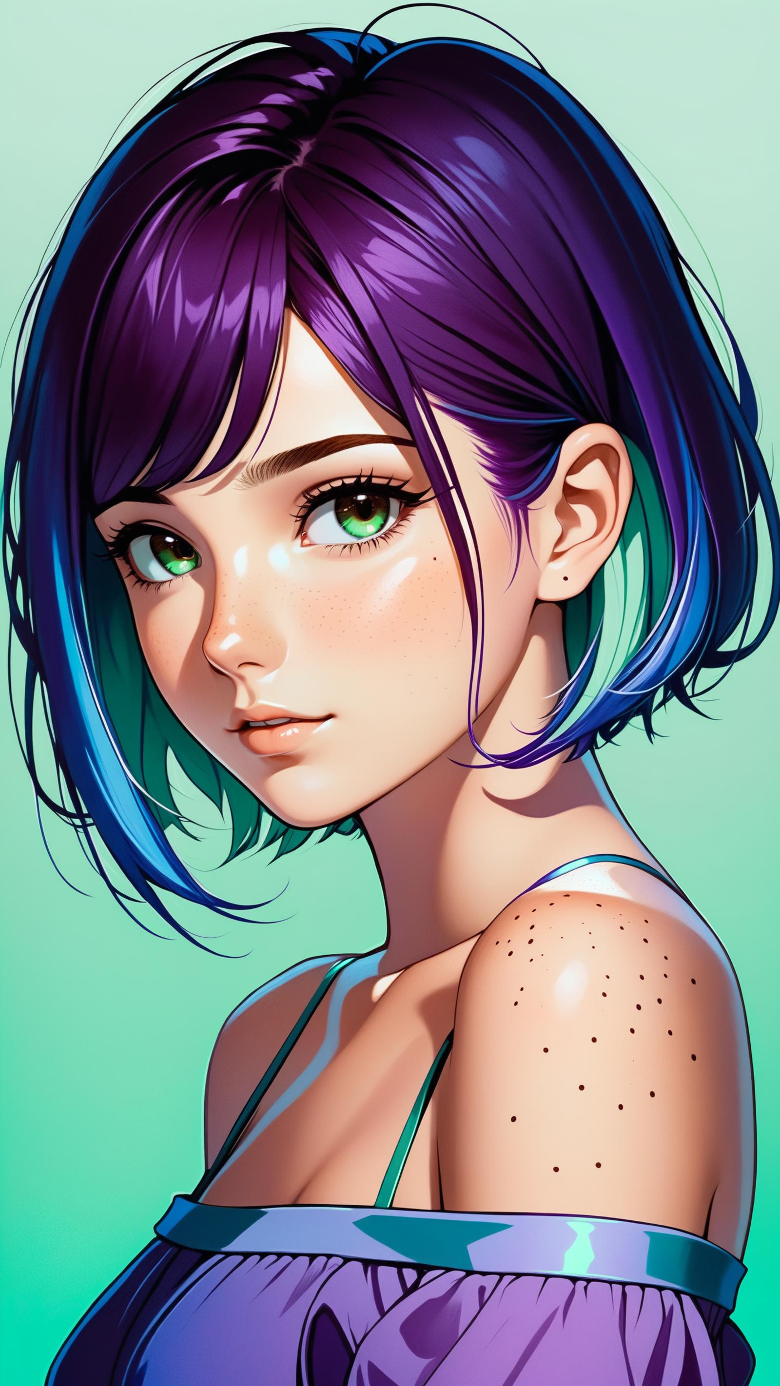 A digital illustration of a young woman with purple hair and green eyes.