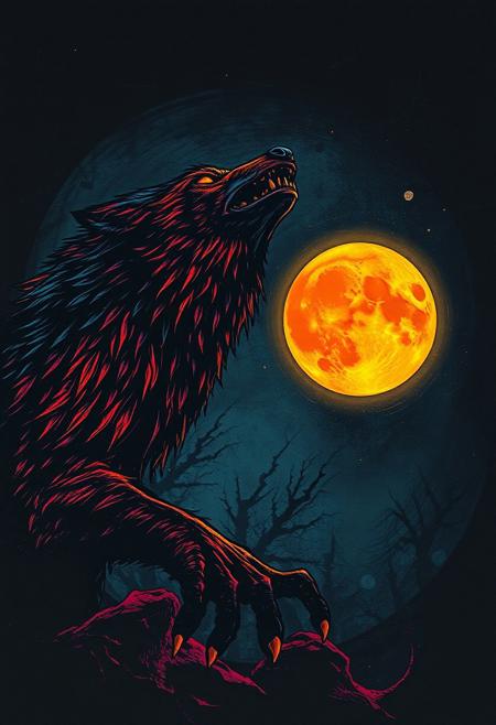 A hauntingly beautiful image of a dark, scratch art background, with a monster werewolf howling at the moon, like a creature possessed by a supernatural force. The werewolf, a vibrant, multicolored creature, seems to glow with an otherworldly light, its eyes gleaming with a malevolent intensity. The moon, a glowing, orange orb, seems to pulse with a creepy, lunar energy, as if it's summoning the werewolf's transformation. The scratch art, a textured, layered effect, creates a sense of depth and dimensionality, as if the viewer is gazing into a dark, mystical realm. The dark, ink background provides a striking contrast to the vibrant, multicolored werewolf and moon, creating a sense of drama and tension. The overall effect is one of eerie, Halloween magic, as if the viewer is witnessing a supernatural, lycanthropic spectacle. highest-Quality, intricate details, visually stunning, Masterpiece
