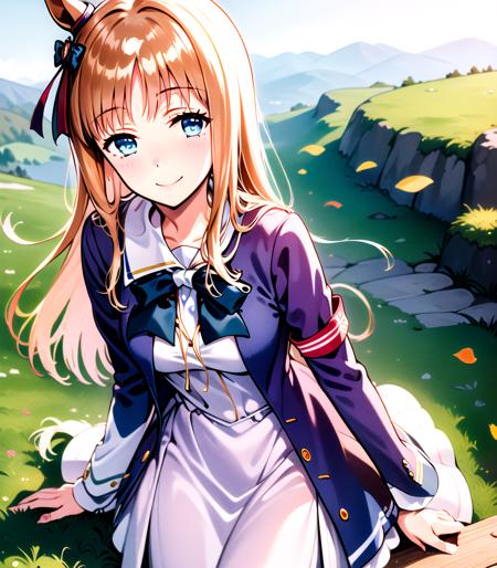 masterpiece, 8k wallpaper, best quality, 1girl, GrassWonder, <lora:GrassWonder>, blush, looking at the viewer, (moutain at the background), grass, smile, hiten1, solo, portrait,